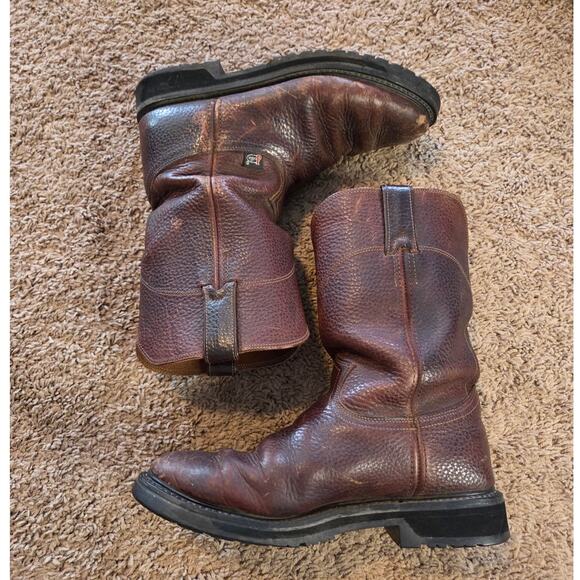 Justin pull on leather brown round toe cowboy boots western work boots mens 8 main image 6